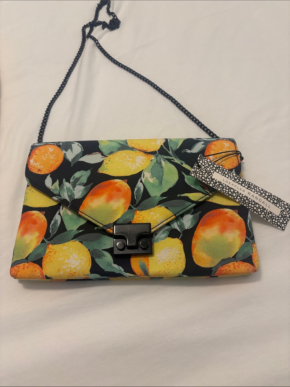 Loeffler Randall Black citrus clutch lemon & orange print w/black chain strap